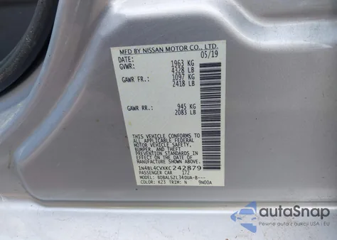 2019 Nissan Altima 2.5 Sr z USA, uszkodzony, nr VIN 1N4BL4CVXKC242879